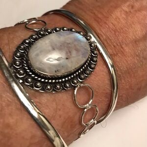 Moonstone Stamped 925 Sterling Silver Cuff Bracelet